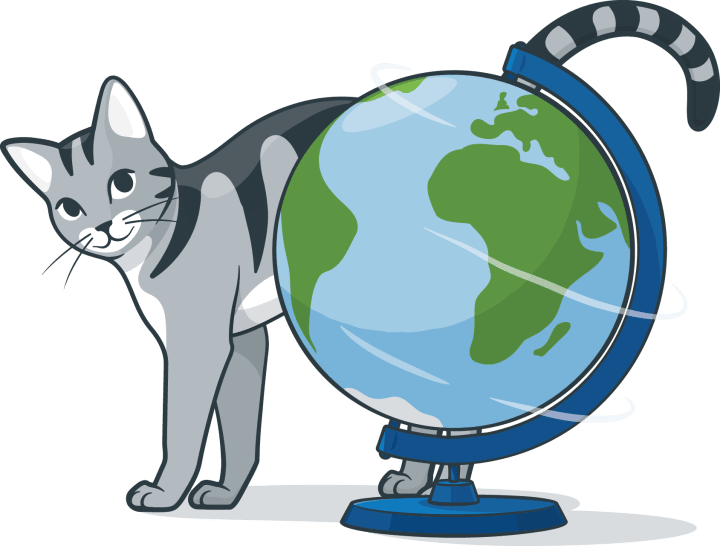 Illustration of Winston the cat standing behind a globe whilst looking playfully at you.