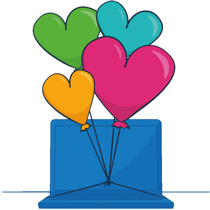 Illustration of heart shaped balloons tied to a laptop.
