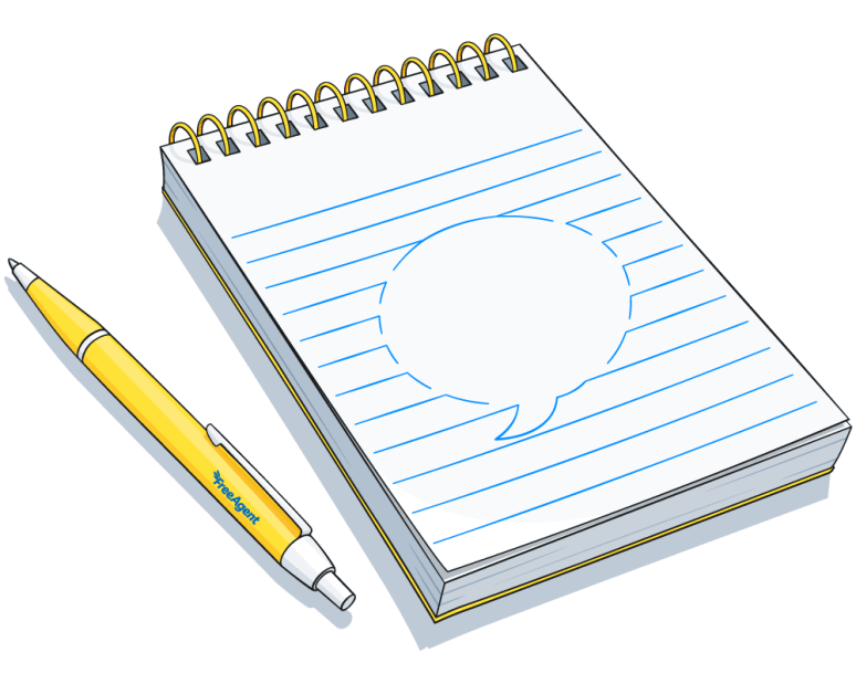 an illustration of a blank notepad and a yellow FreeAgent pen