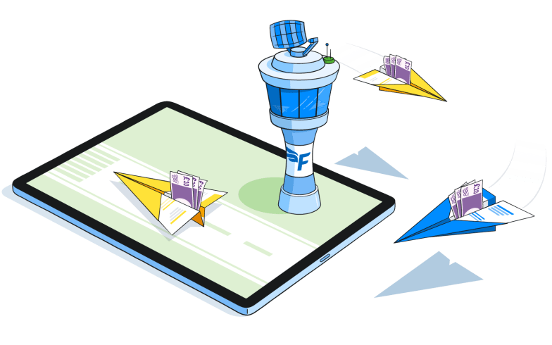 Illustration of paper aeroplanes carrying notes landing on an iPad that looks like the FreeAgent app airport