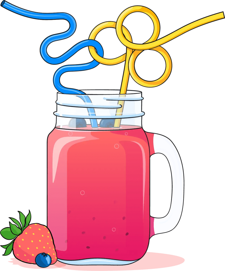 Illustration of a strawberry and blueberry fruit smoothie with two curly straws, ready for sharing