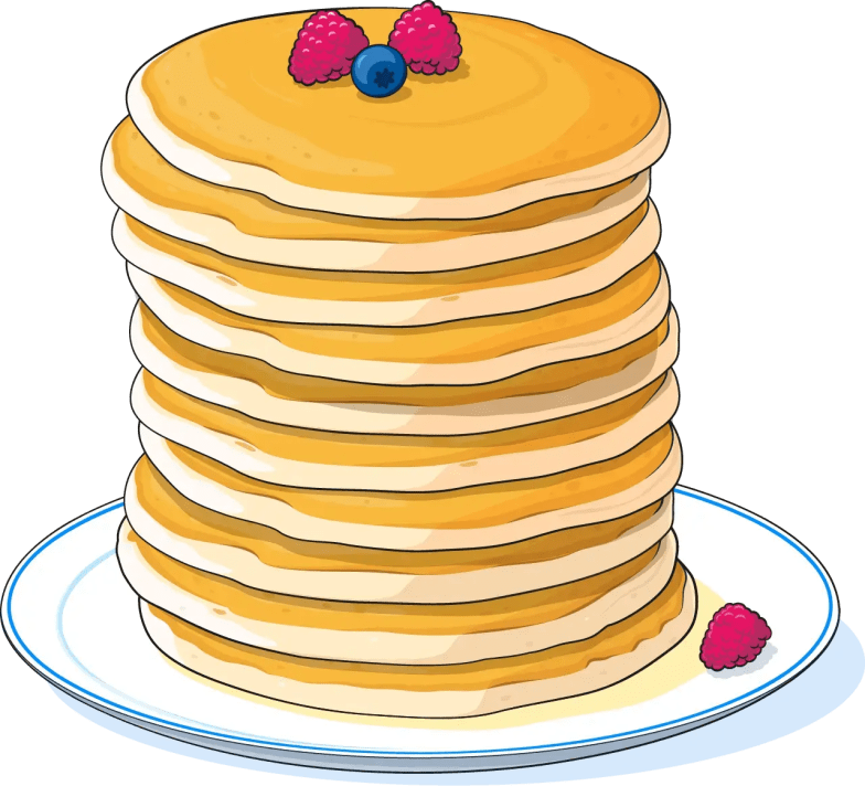 Illustration of a stack of 10 American-style pancakes on a plate with two raspberries and a blueberry on top