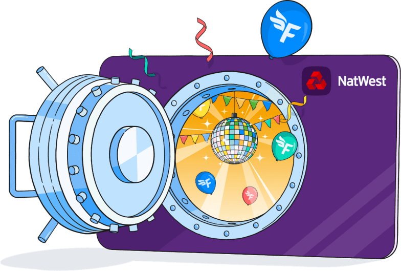 Illustration of a large NatWest bank card with a large open vault door attached leading through to a bright room with a disco ball and balloons.