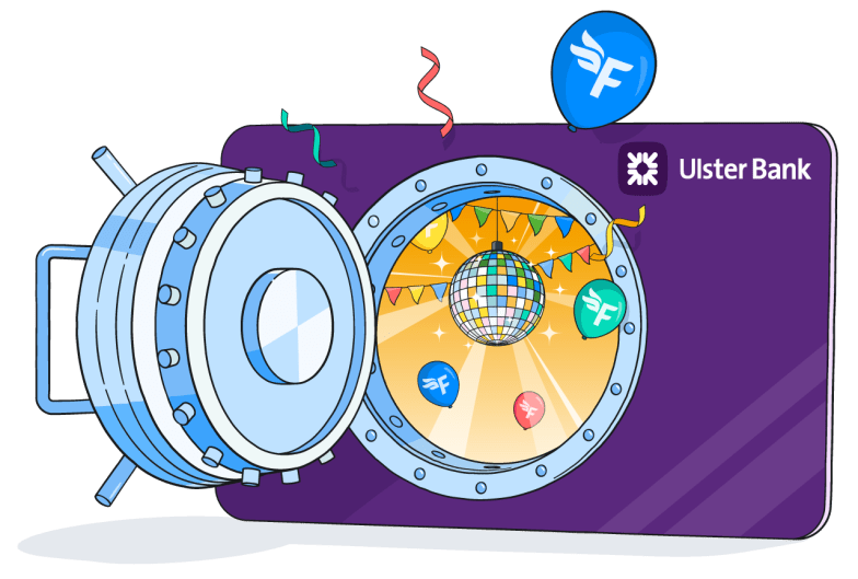 Illustration of a large Ulster Bank bank card with a large open vault door attached leading through to a bright room with a disco ball and balloons.