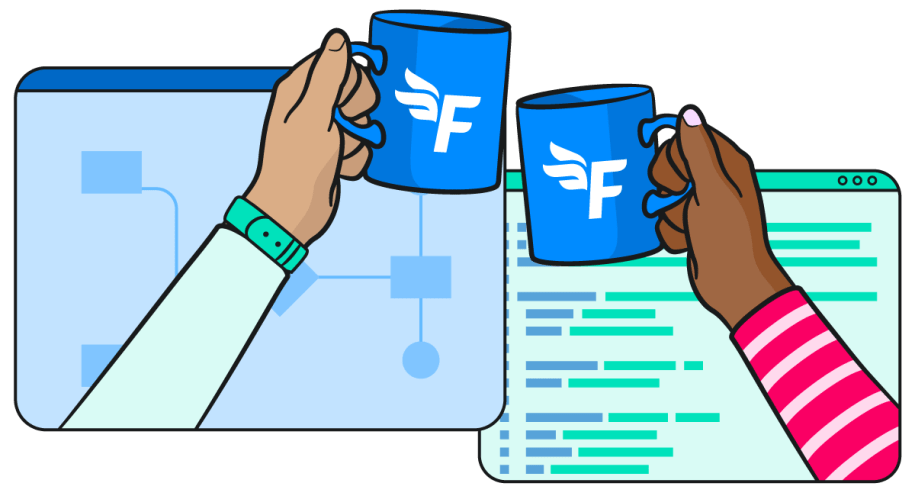 An illustration of two hands holding FreeAgent-branded mugs