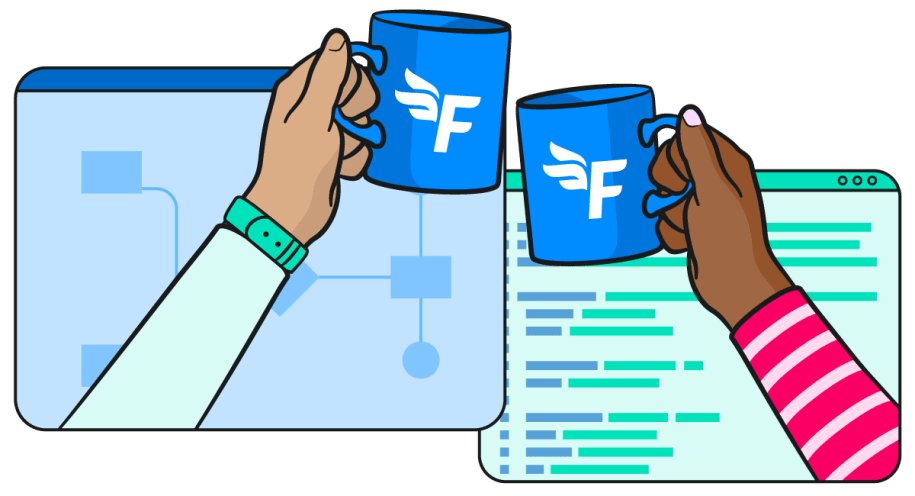 An illustration of two hands holding FreeAgent-branded mugs