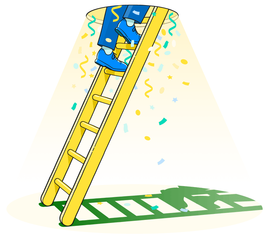 An illustration of a person climbing a ladder into a brightly-lit, confetti-filled room.