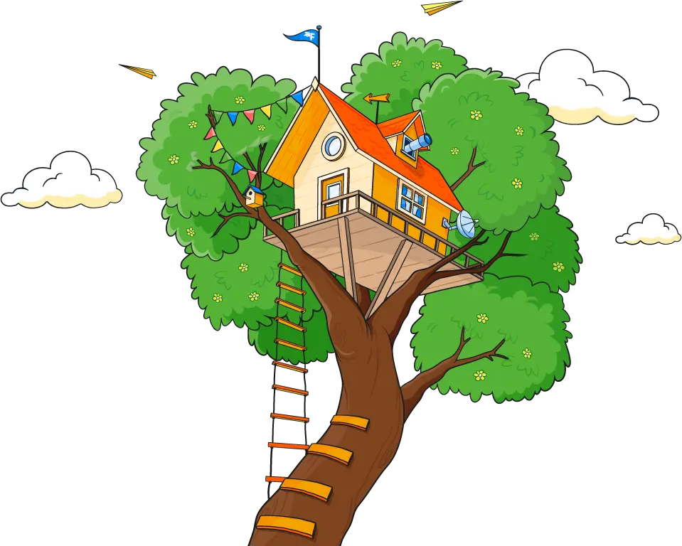 Treehouse up the top of a blossoming tree with clouds and paper planes around it