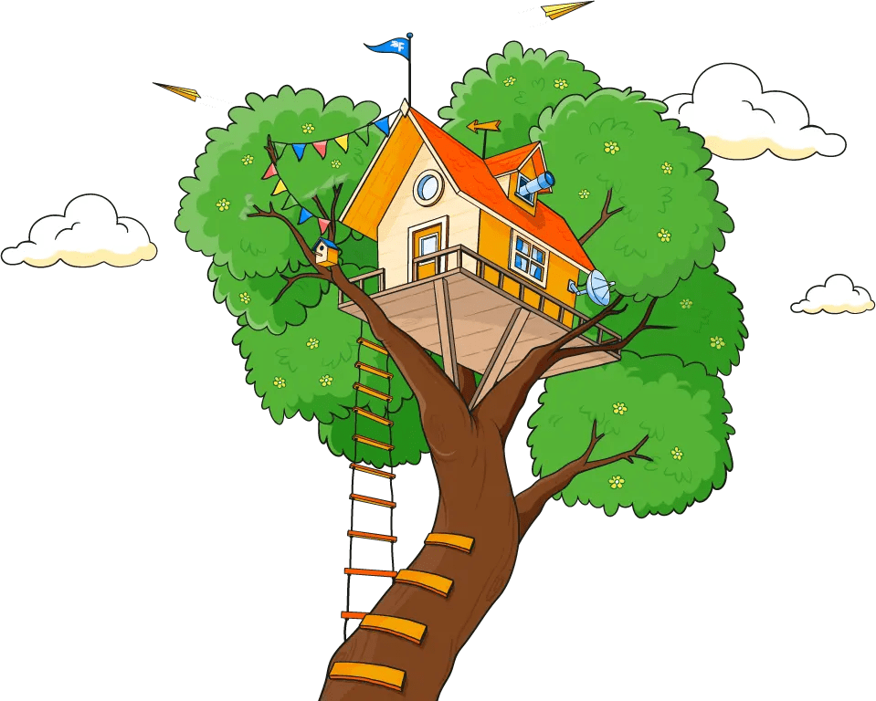 Treehouse up the top of a blossoming tree with clouds and paper planes around it