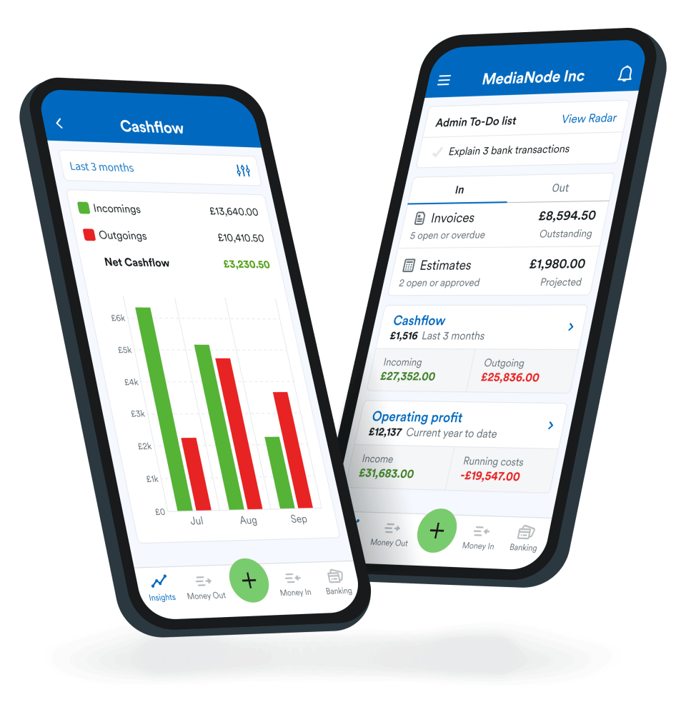 Product shot of two mobile phones tilting sideways toward one another. The phone on the left shows the 'cashflow' view of the FreeAgent mobile app, whilst the phone on the right shows the main account overview.