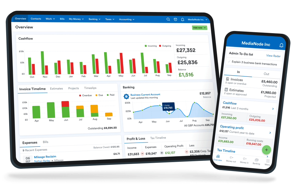 Tablet and mobile devices showing the FreeAgent web app and mobile app respectively.