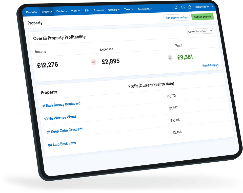 Tablet device displaying the FreeAgent 'Property' screen user interface.