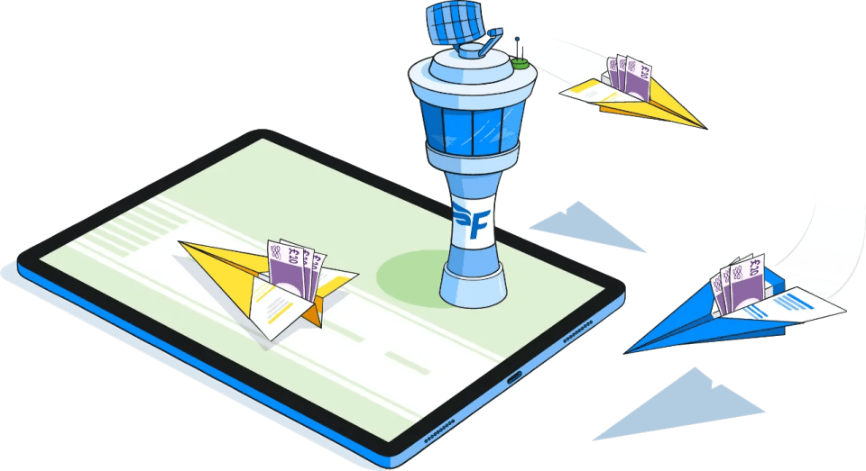 Illustration of an air traffic control tower sitting atop a tablet device with a runway displayed on the screen. Two yellow, and one blue paper plane, each with purple bank notes tucked into the fold between each wing, are circling around the tower with the third plane landing on the runway.