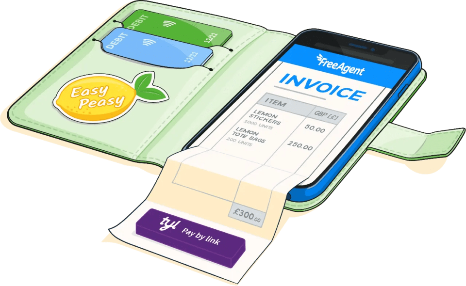 Illustration of a mobile phone inside a green phone cover with the front flap open revealing bank cards in their slots, and a sticker of a lemon which reads 'Easy Peasy'. The phone is showing a representation of the FreeAgent mobile app with an invoice appearing to extend from the phone much like a real piece of paper. At the bottomn of the 'paper' invoice is a physical tyl payment button.