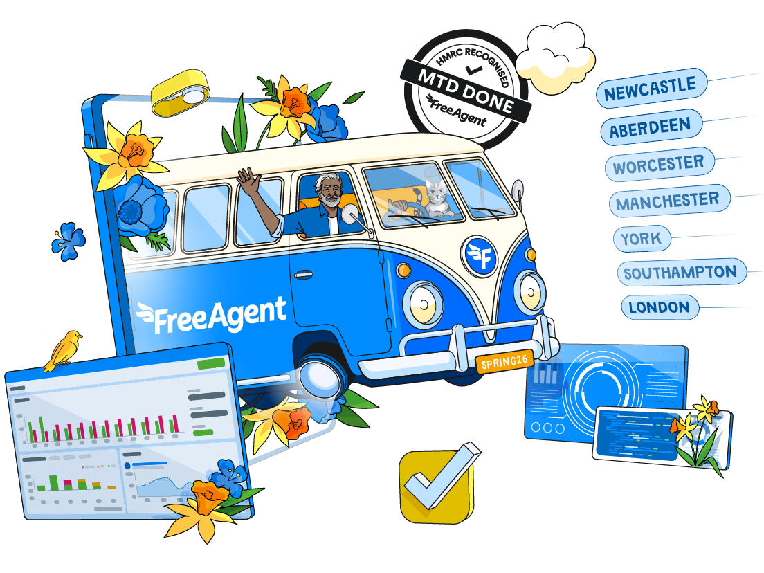 Roadshow bus coming out of a portal surrounded by spring flowers